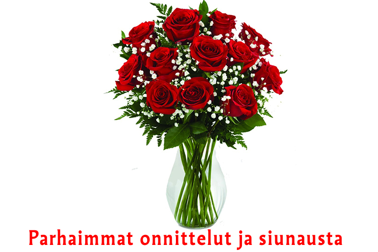 Onnitteluruusukimppu onnittelutekstillä ´ja siunausta toivottaen.