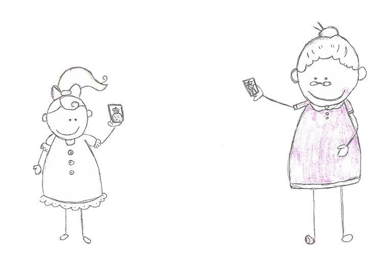 Piirros isoäidistä ja lapsenlapsesta matkapuhelimet käsissään