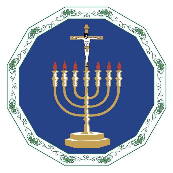 Seitsenhaarainen kynttelikkö, jossa keskimmäisessä Kristus ristiinnaulittuna.