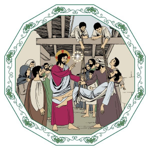 Jeesus parantaa halvaantuneen.