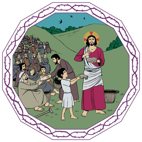 Soppasunnuntain messu Paimion kirkossa Jeesus ruokkii suuren joukon ihmisiä viidellä leivällä ja kahdella kalalla.