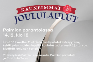 Kauneimmat Joululaulut 14.12.2022 klo 18 Paimion parantolassa. Liput 15 euroa.