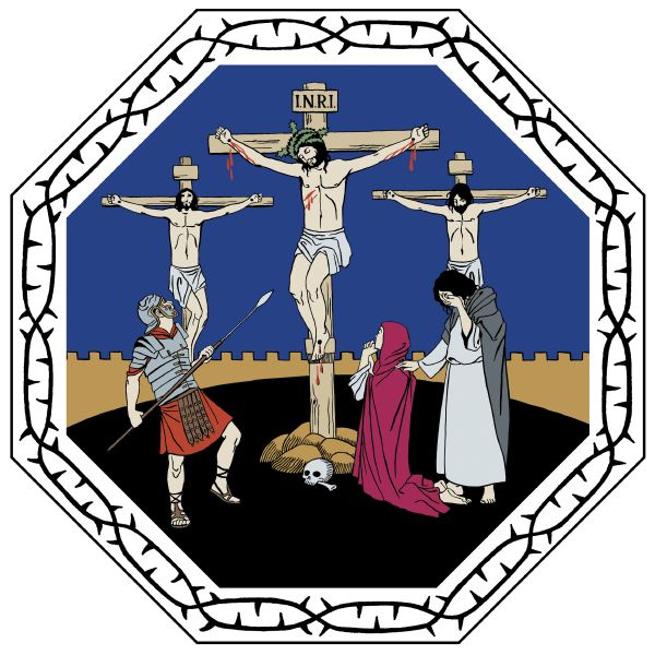 Pitkäperjantain sanajumalanpalvelus Paimion kirkossa Jeesus ja ryövärit ristillä.